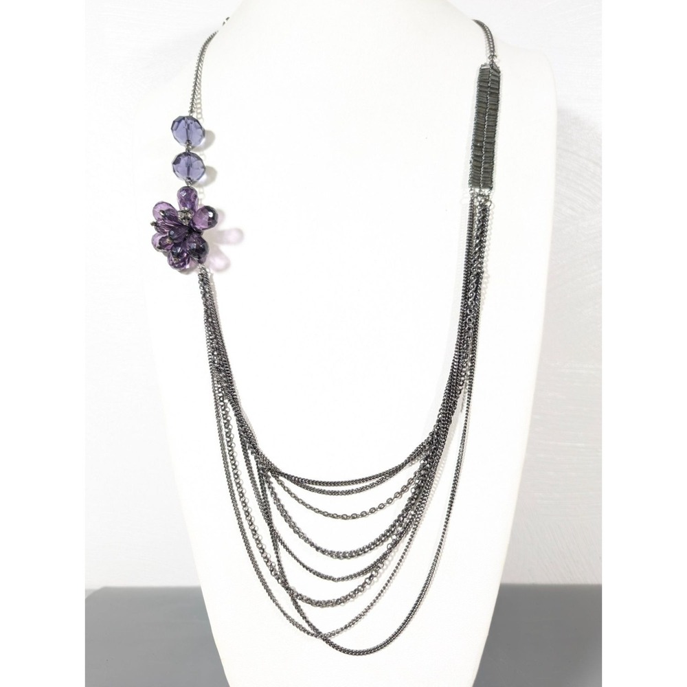 Simply Vera Wang Gray Metallic Multi Chain Purple Flower Long Necklace Whimsigot
